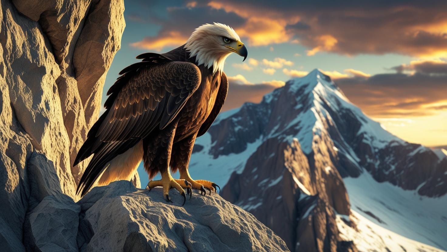 A close-up of a golden eagle perched on a rocky cliff, snow-capped peaks in the distance, dramatic lighting and rich details, wide-angle, 4K Windows wallpaper” (1)