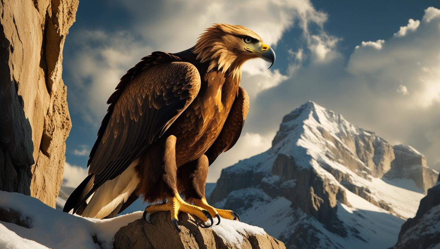 A close-up of a golden eagle perched on a rocky cliff, snow-capped peaks in the distance, dramatic lighting and rich details, wide-angle, 4K Windows wallpaper” (2)