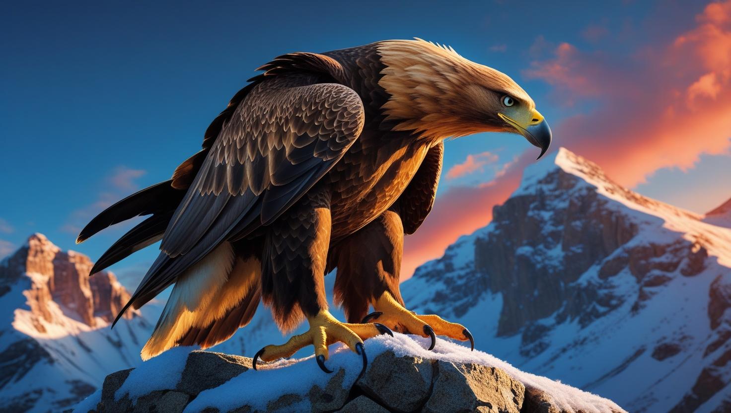 A close-up of a golden eagle perched on a rocky cliff, snow-capped peaks in the distance, dramatic lighting and rich details, wide-angle, 4K Windows wallpaper”