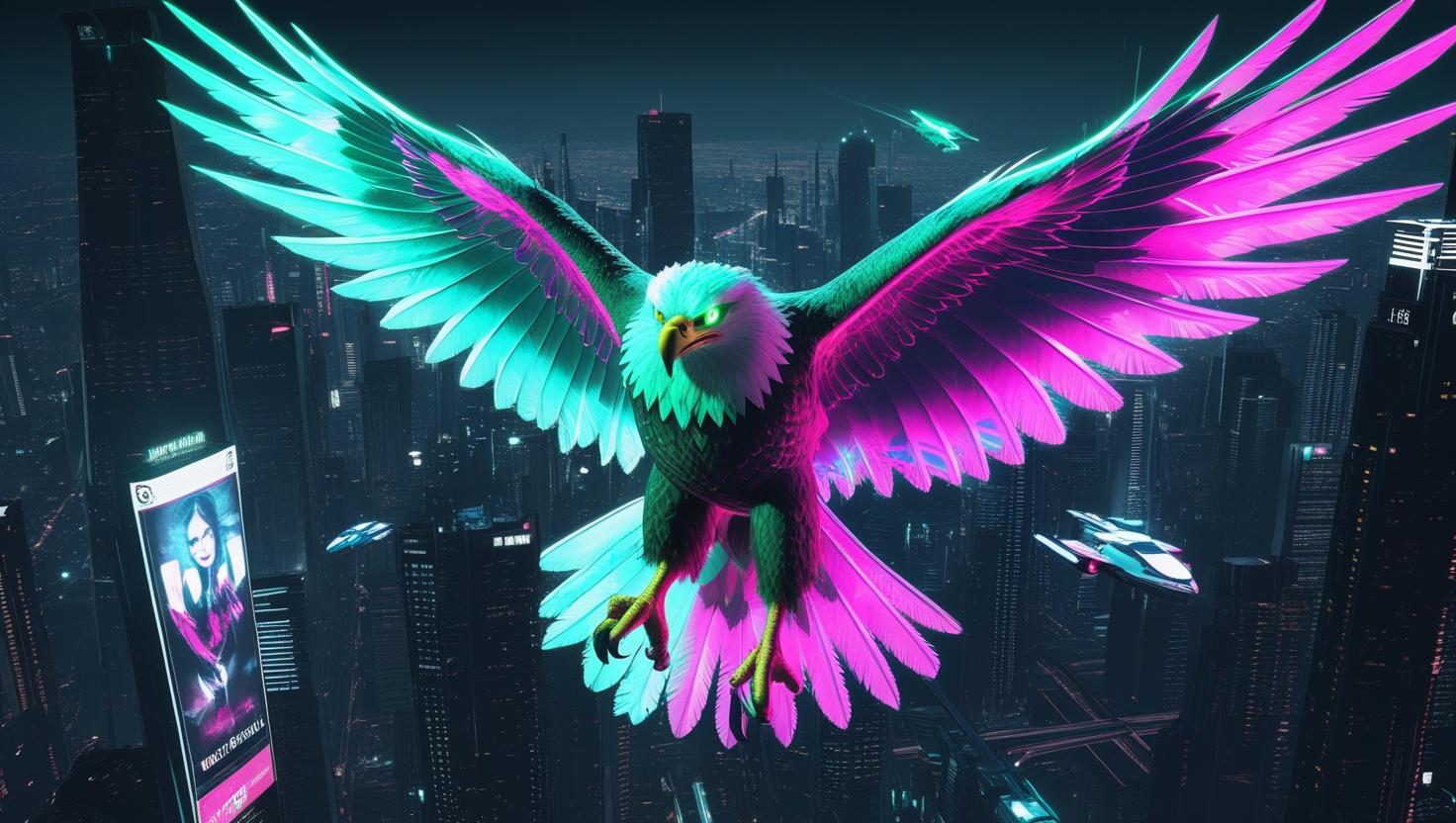 A cyberpunk eagle with glowing eyes and neon wings flying over a futuristic city, night scene, vibrant colors, digital art wallpaper (1)