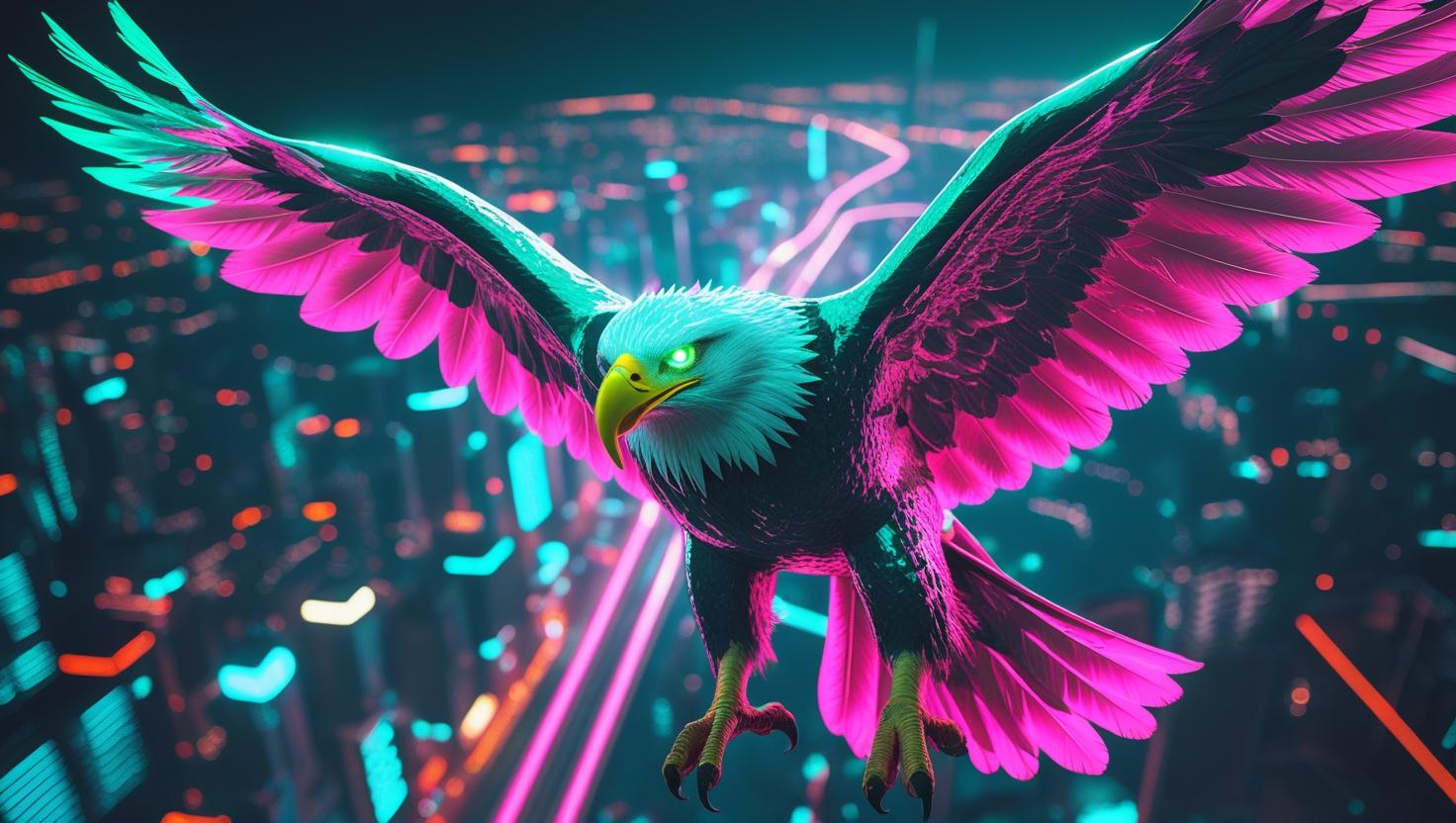 A cyberpunk eagle with glowing eyes and neon wings flying over a futuristic city, night scene, vibrant colors, digital art wallpaper