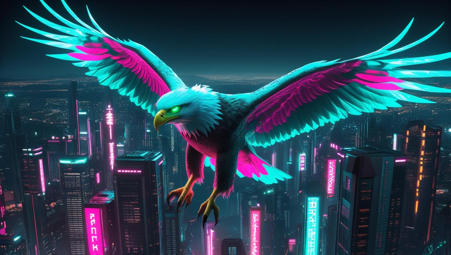 A cyberpunk eagle with glowing eyes and neon wings flying over a futuristic city, night scene, vibrant colors, digital art wallpaper