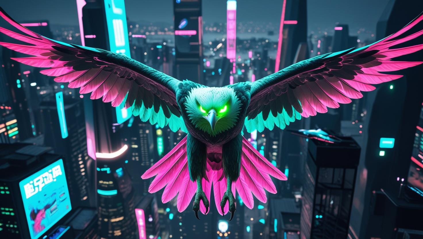A cyberpunk eagle with glowing eyes and neon wings flying over a futuristic city, night scene, vibrant colors, digital art wallpaper