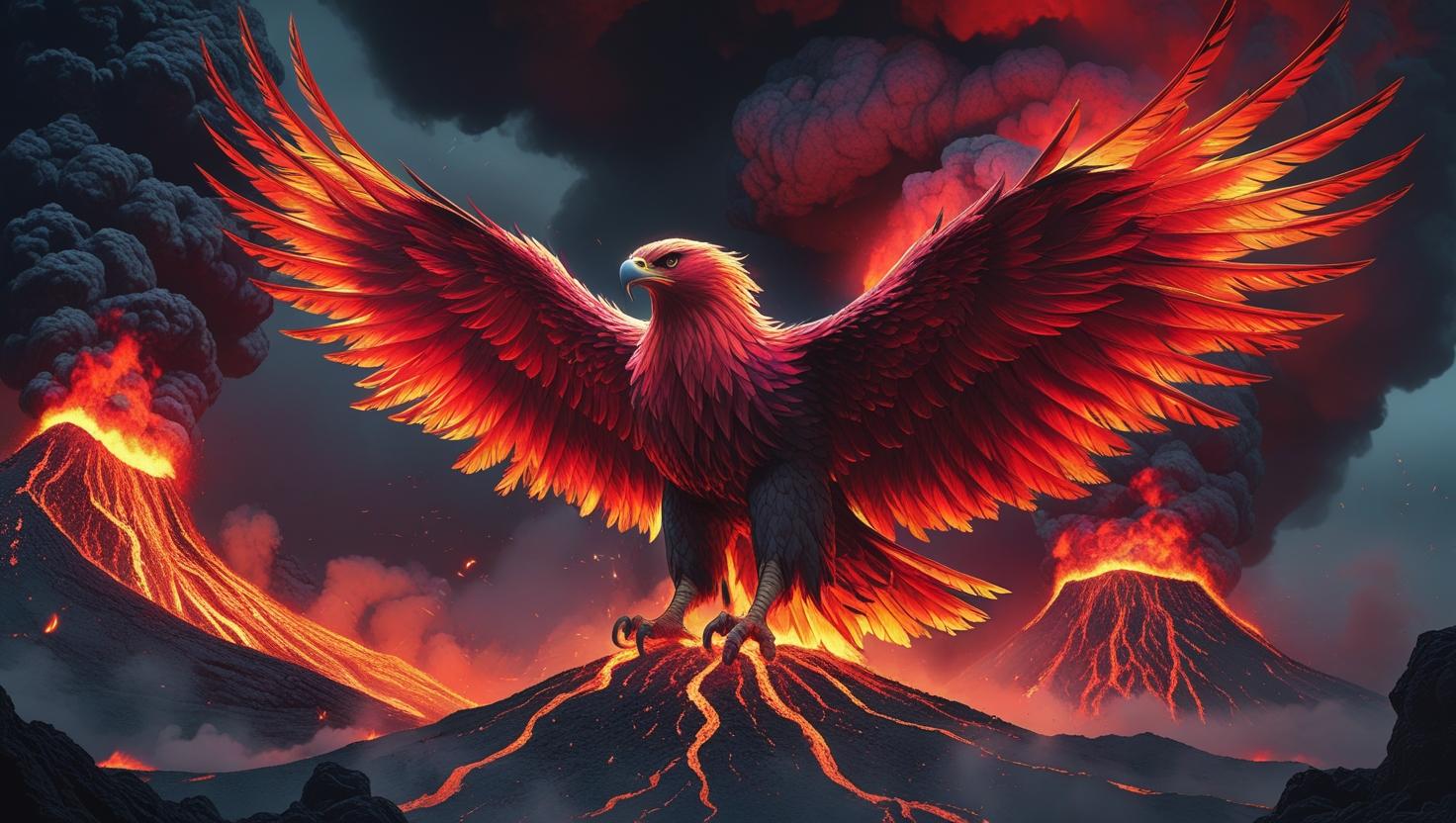 A phoenix-like eagle rising from volcanic flames, glowing red and orange feathers, dark fantasy style, 4K artwork (1)