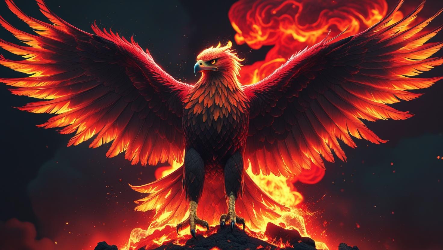 A phoenix-like eagle rising from volcanic flames, glowing red and orange feathers, dark fantasy style, 4K artwork (2
