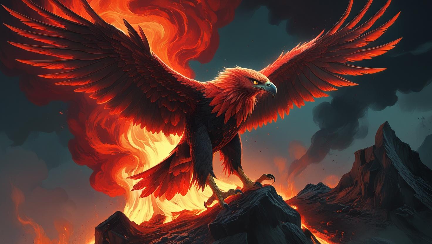 A phoenix-like eagle rising from volcanic flames, glowing red and orange feathers, dark fantasy style, 4K artwork (2