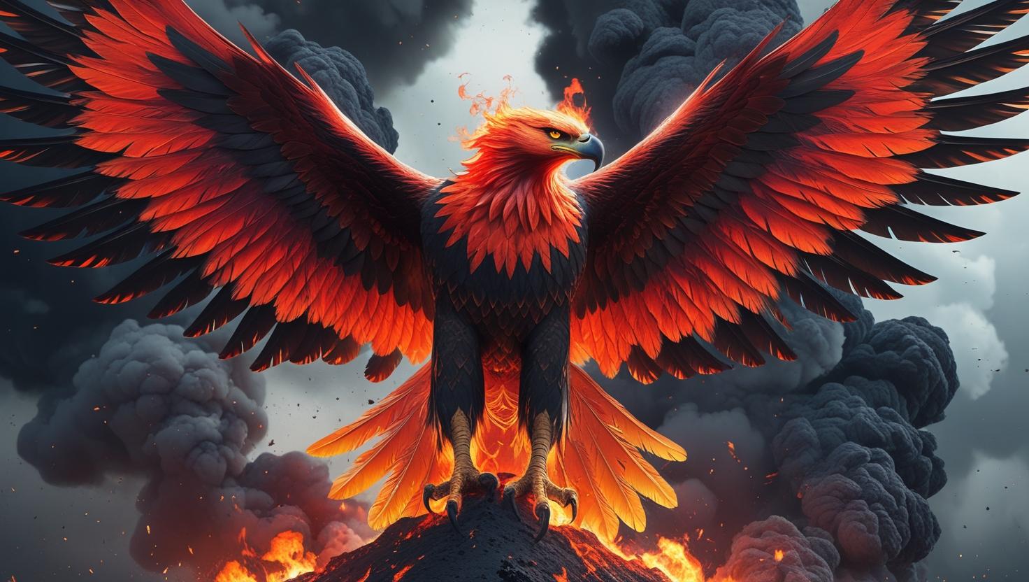 A phoenix-like eagle rising from volcanic flames, glowing red and orange feathers, dark fantasy style, 4K artwork (2