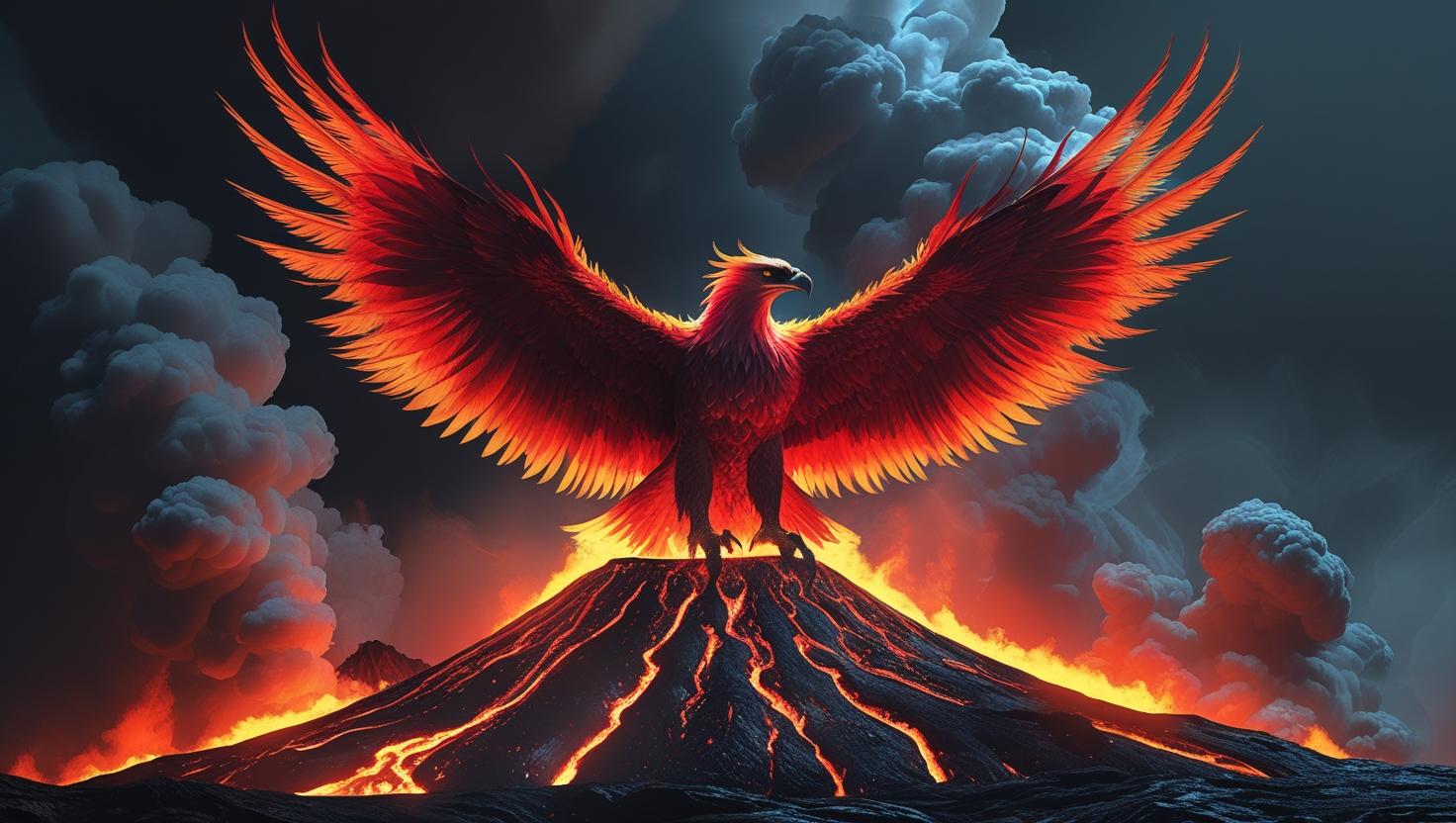 A phoenix-like eagle rising from volcanic flames, glowing red and orange feathers, dark fantasy style, 4K artwork