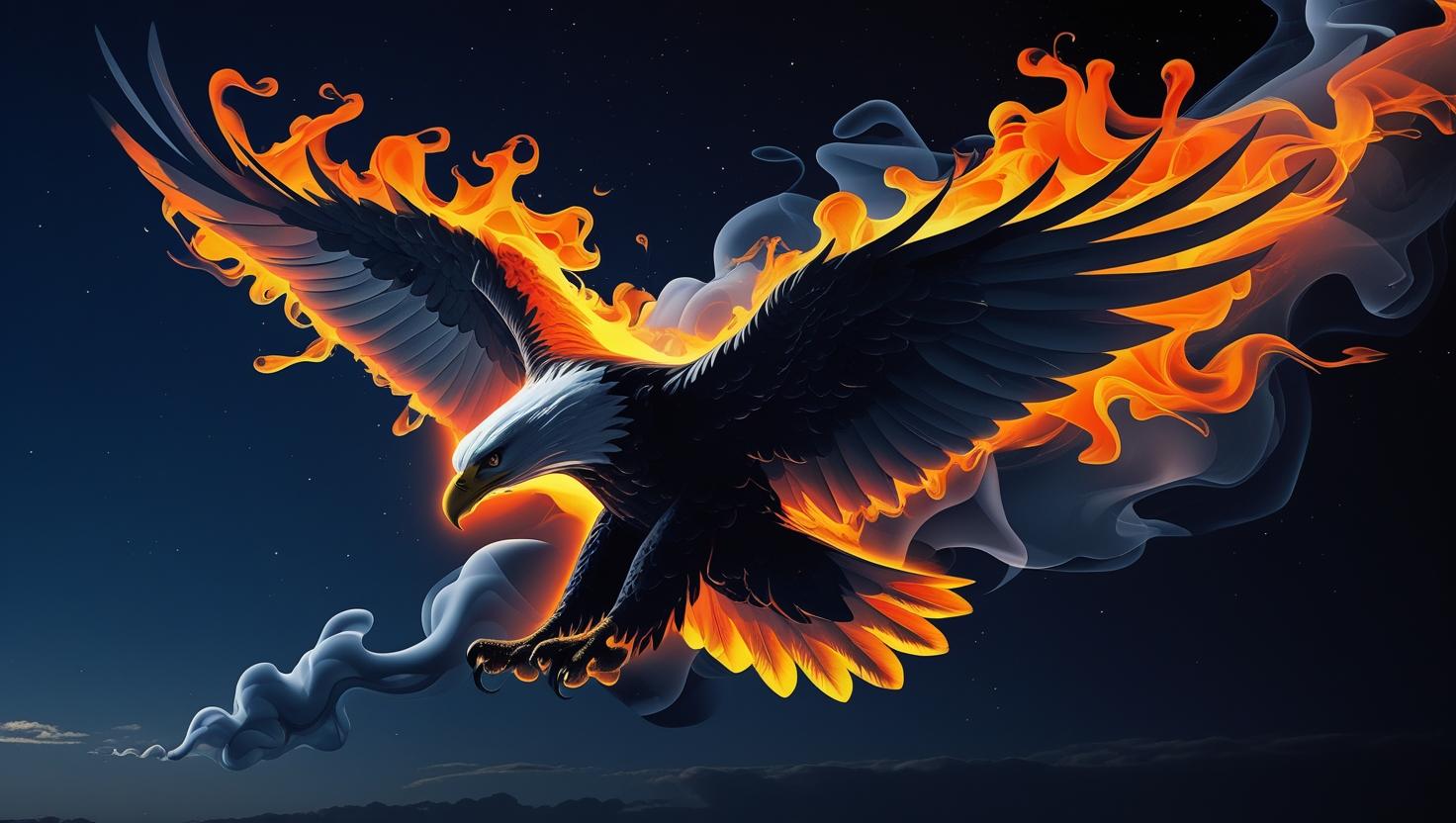 Abstract eagle made of fire and smoke, flying through a dark sky, surreal fantasy art, high contrast wallpaper (1)