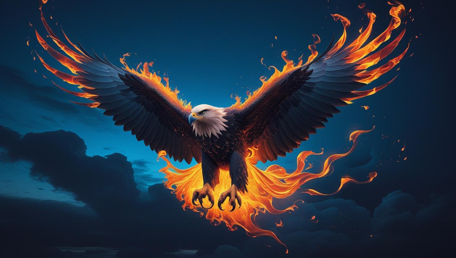 Abstract eagle made of fire and smoke, flying through a dark sky, surreal fantasy art, high contrast wallpaper (1)
