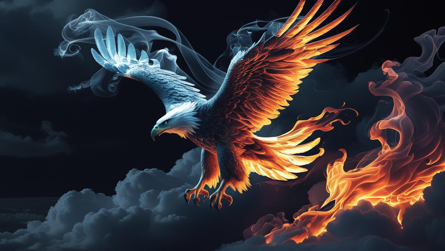 Abstract eagle made of fire and smoke, flying through a dark sky, surreal fantasy art, high contrast wallpaper (1)