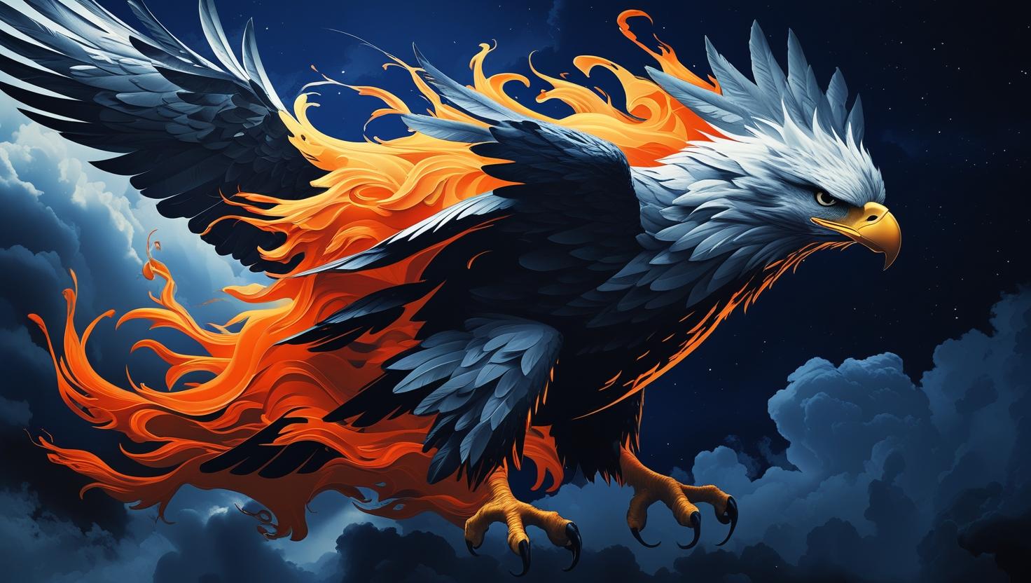 Abstract eagle made of fire and smoke, flying through a dark sky, surreal fantasy art, high contrast wallpaper_ (4)