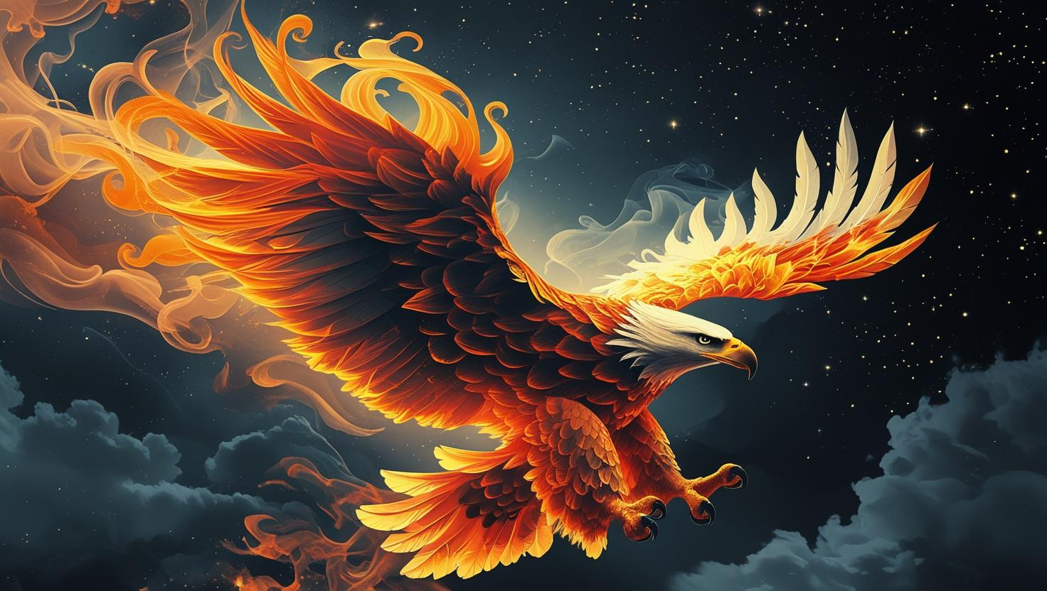 Abstract eagle made of fire and smoke, flying through a dark sky, surreal fantasy art, high contrast wallpaper