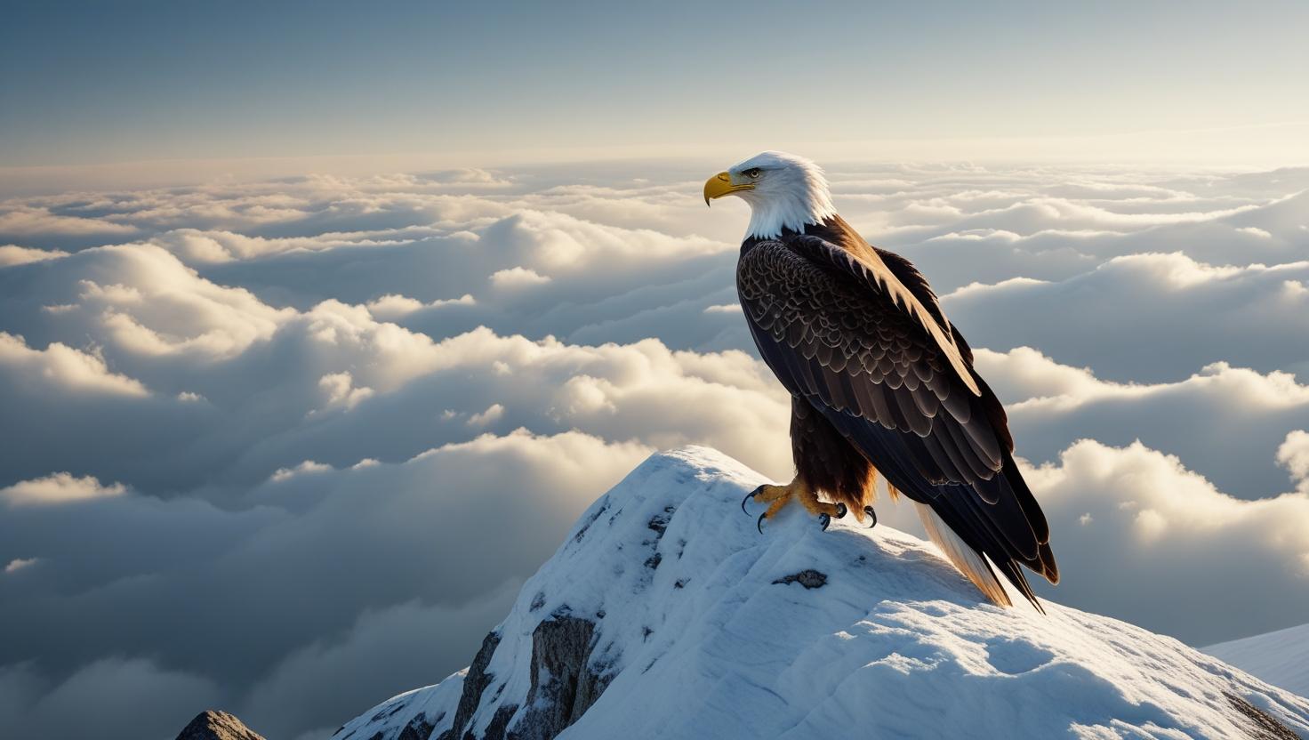 An eagle perched on a snowy mountain peak, clouds swirling in the background, cinematic landscape, 4K resolution, nature wallpaper_