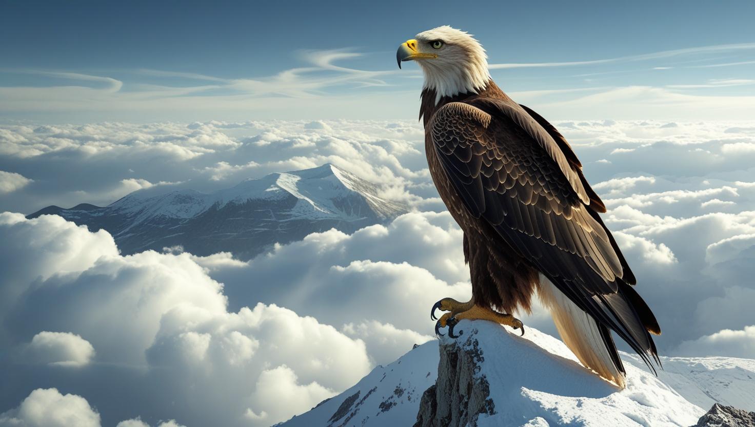 An eagle perched on a snowy mountain peak, clouds swirling in the background, cinematic landscape, 4K resolution, nature wallpaper_