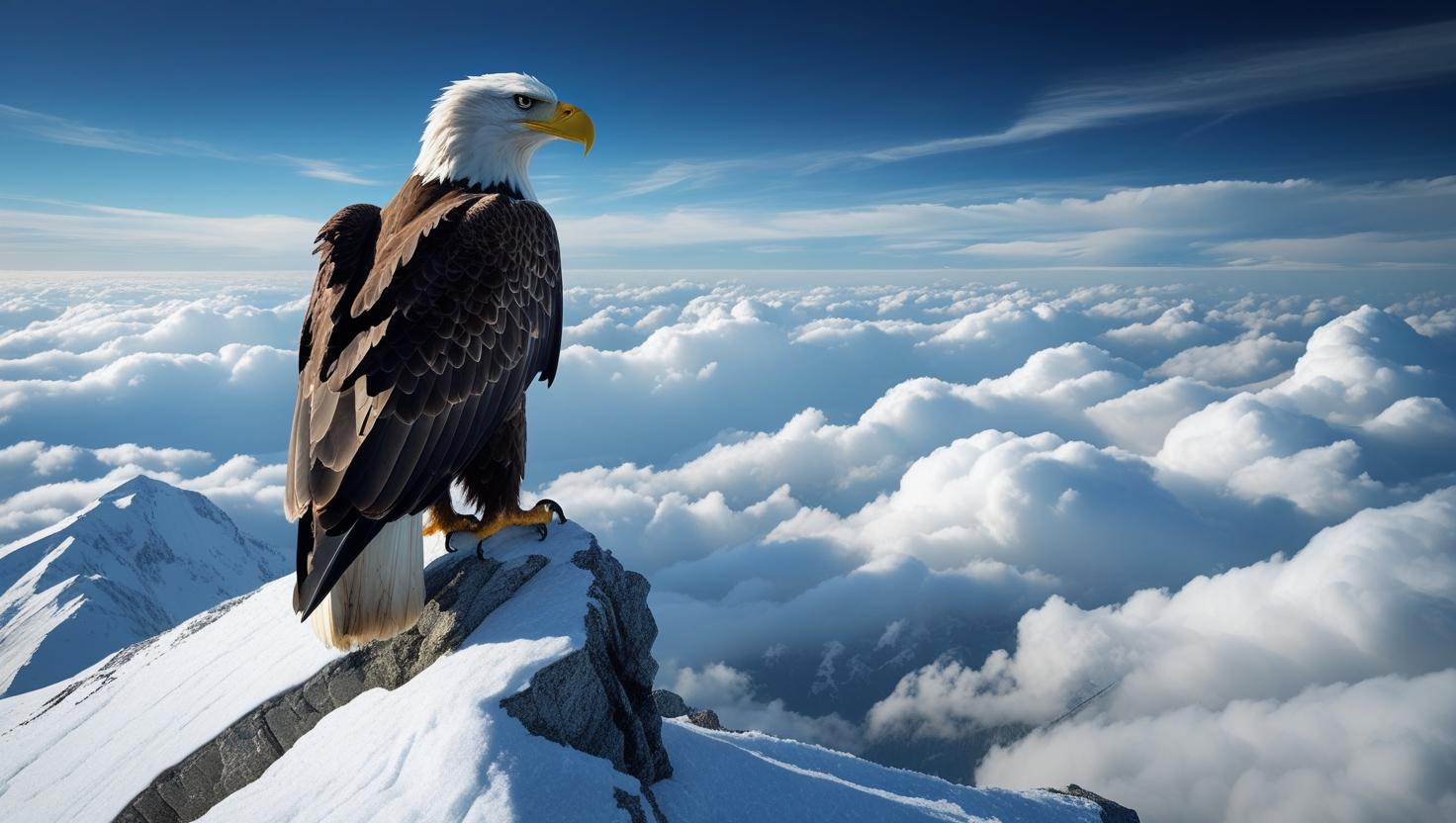 An eagle perched on a snowy mountain peak, clouds swirling in the background, cinematic landscape, 4K resolution, nature wallpaper_