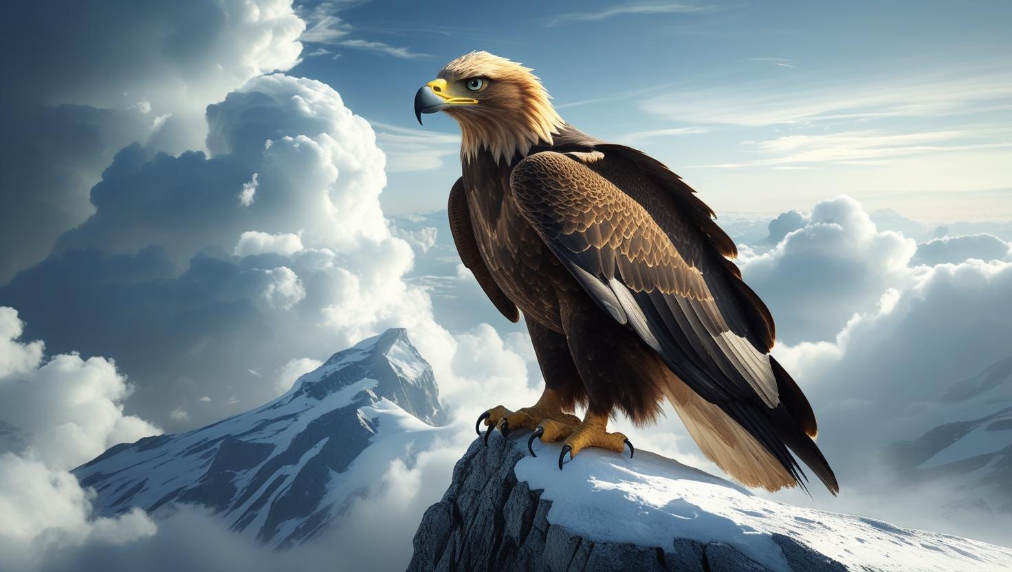 An eagle perched on a snowy mountain peak, clouds swirling in the background, cinematic landscape, 4K resolution, nature wallpaper_