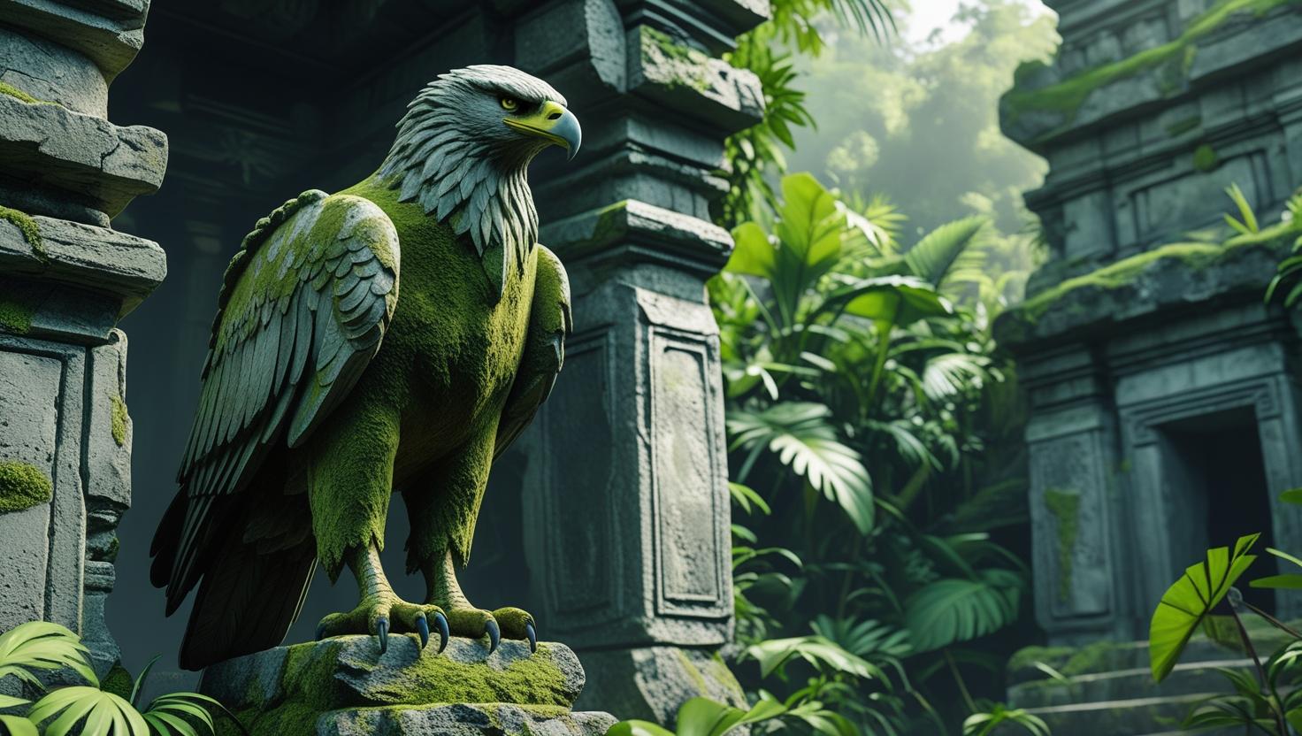 Ancient guardian eagle made of stone standing at the edge of a forgotten temple, moss-covered, jungle background, 4K adventure art