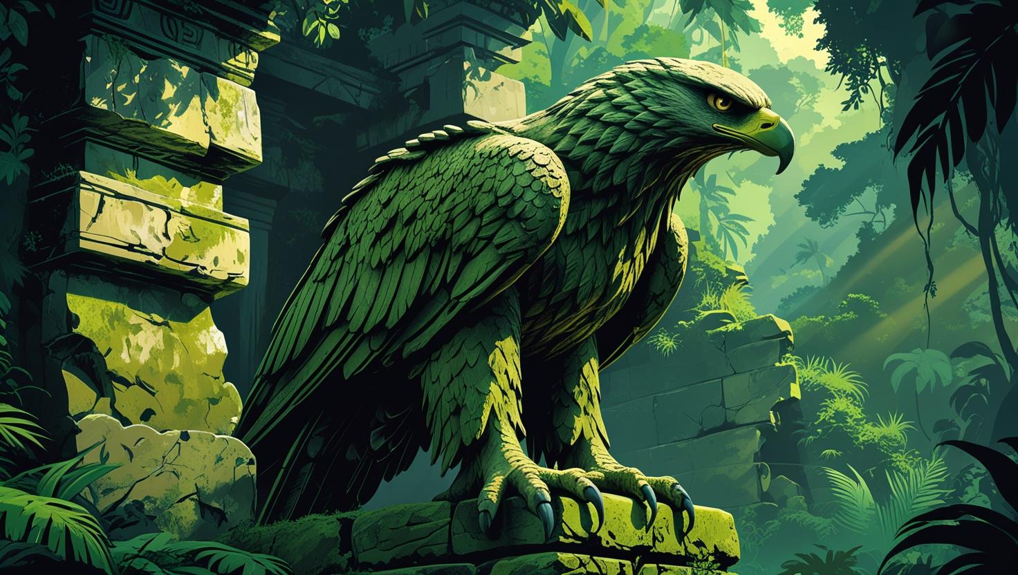 Ancient guardian eagle made of stone standing at the edge of a forgotten temple, moss-covered, jungle background, 4K adventure art