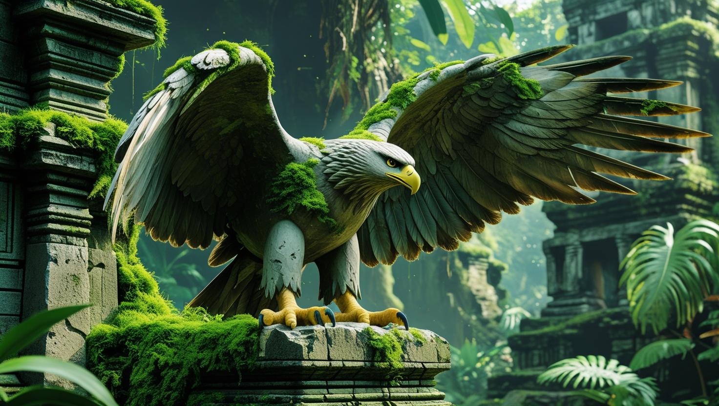 Ancient guardian eagle made of stone standing at the edge of a forgotten temple, moss-covered, jungle background, 4K adventure art