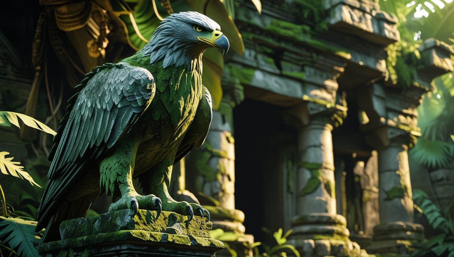 Ancient guardian eagle made of stone standing at the edge of a forgotten temple, moss-covered, jungle background, 4K adventure art