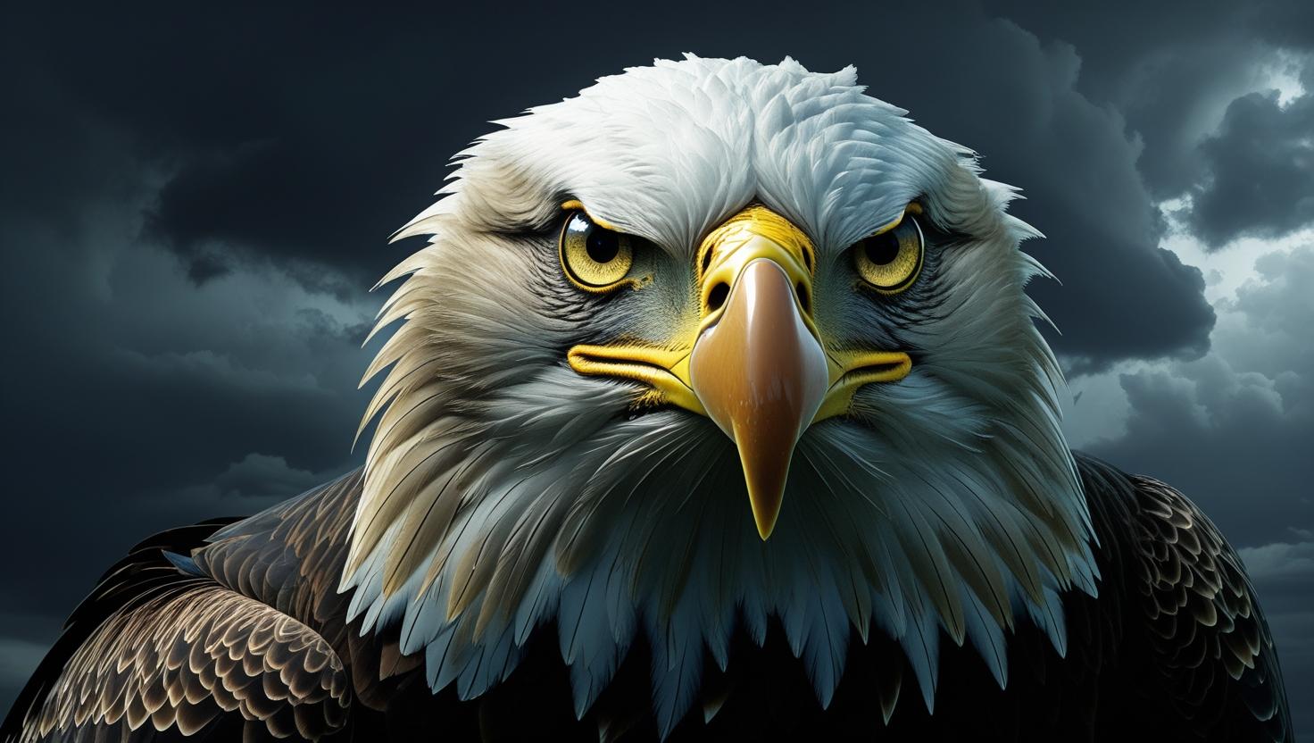 Close-up of an eagle with piercing eyes, feathers detailed in ultra-sharp focus, dark stormy sky in background, 8K, dramatic lighting