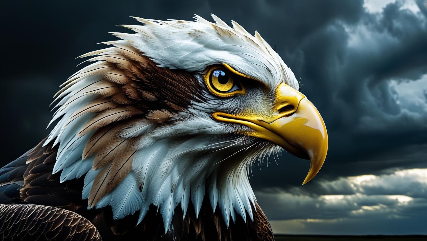 Close-up of an eagle with piercing eyes, feathers detailed in ultra-sharp focus, dark stormy sky in background, 8K, dramatic lighting