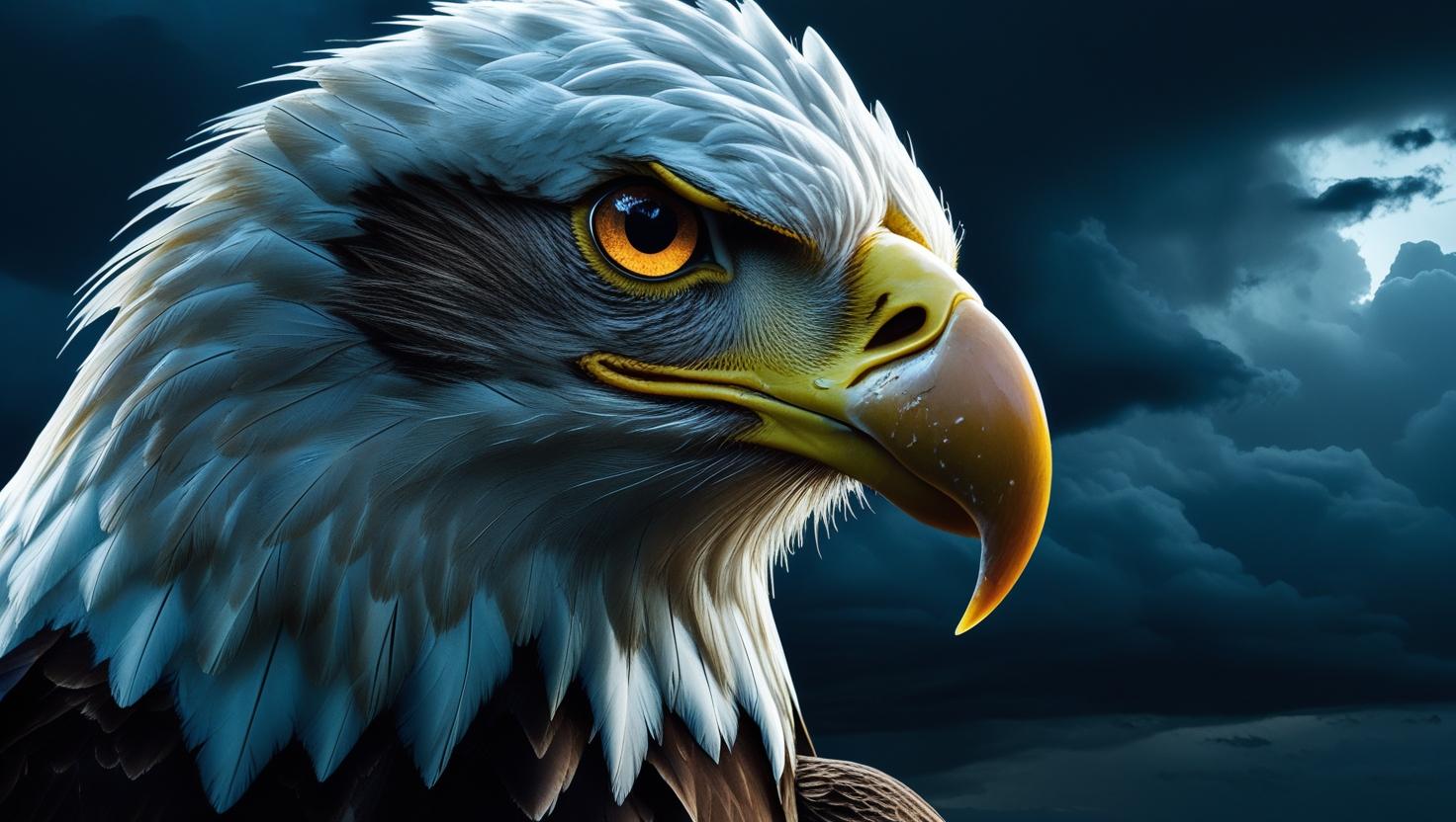Close-up of an eagle with piercing eyes, feathers detailed in ultra-sharp focus, dark stormy sky in background, 8K, dramatic lighting