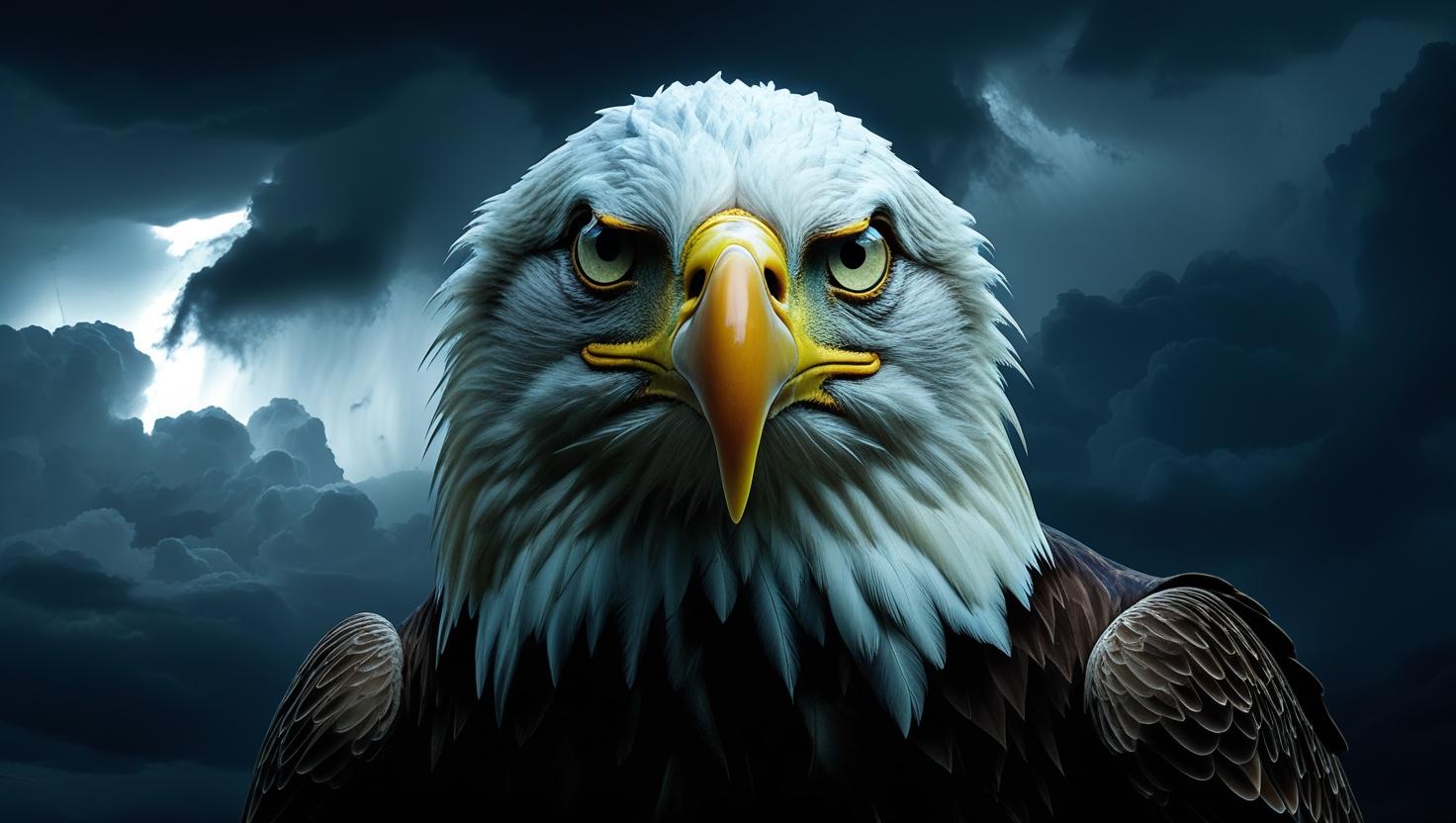 Close-up of an eagle with piercing eyes, feathers detailed in ultra-sharp focus, dark stormy sky in background, 8K, dramatic lighting