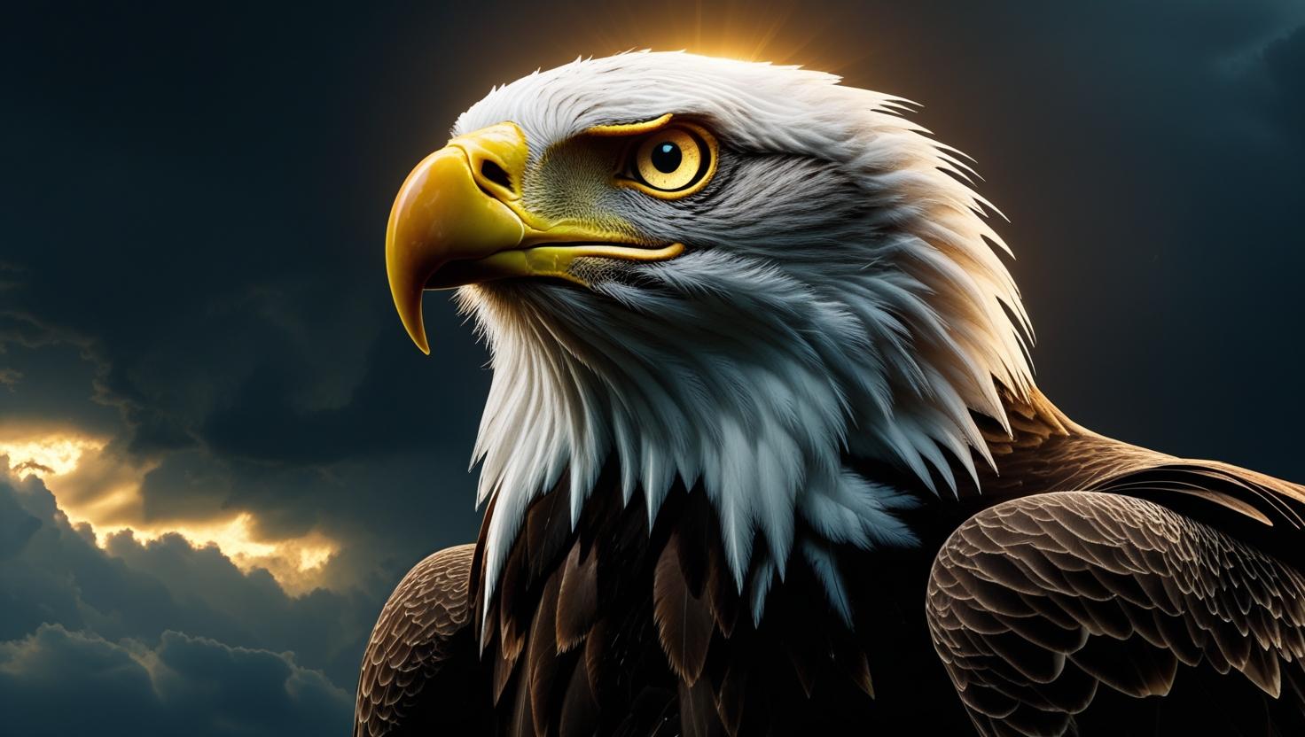 Close-up of an eagle with piercing eyes, feathers detailed in ultra-sharp focus, dark stormy sky in background, 8K, dramatic lighting
