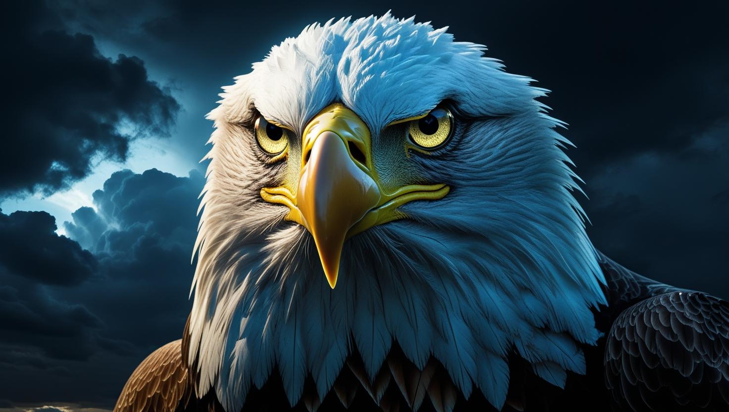 Close-up of an eagle with piercing eyes, feathers detailed in ultra-sharp focus, dark stormy sky in background, 8K, dramatic lighting