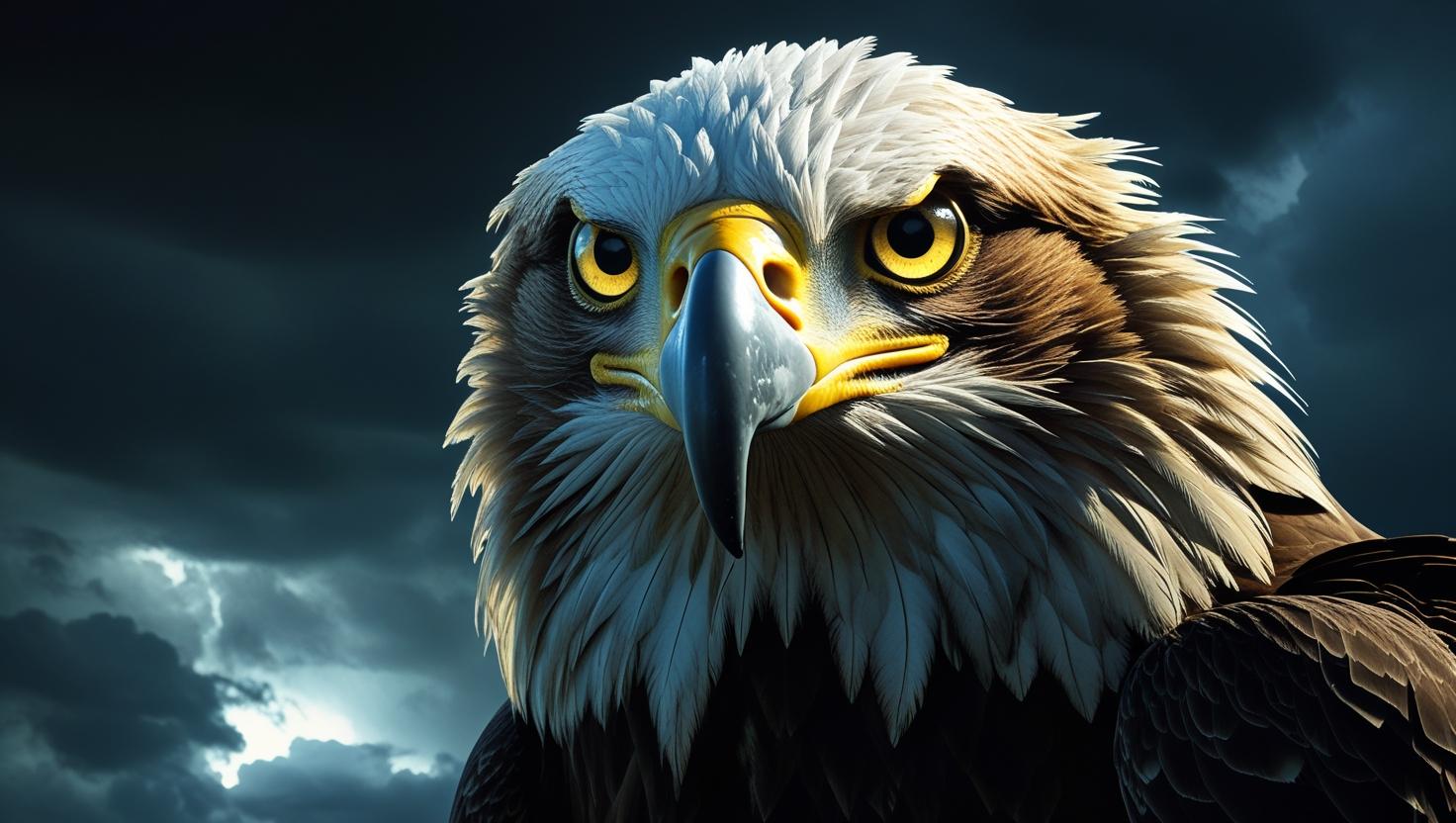 Close-up of an eagle with piercing eyes, feathers detailed in ultra-sharp focus, dark stormy sky in background, 8K, dramatic lighting