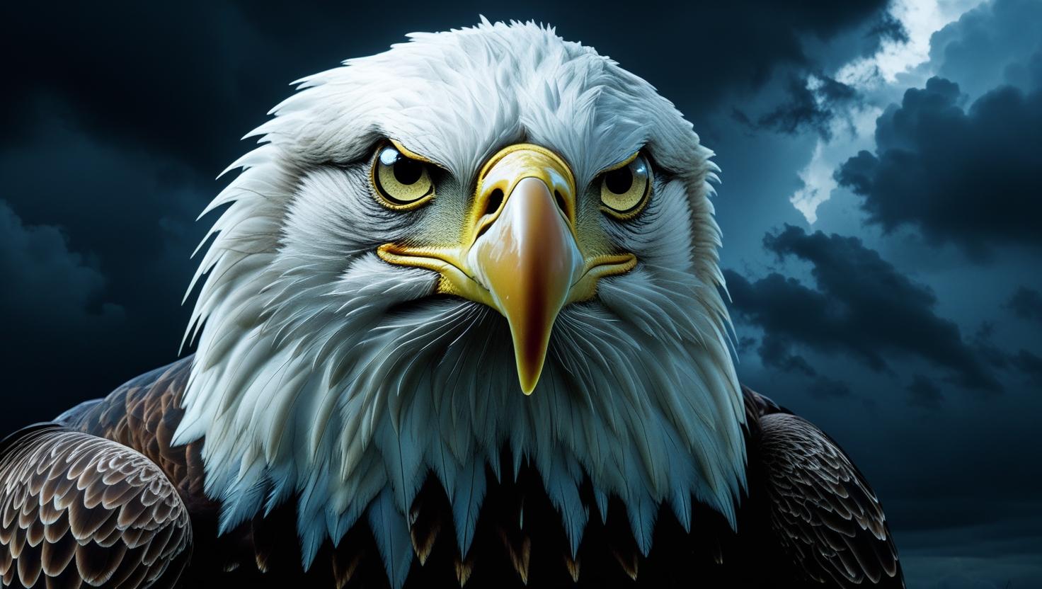 Close-up of an eagle with piercing eyes, feathers detailed in ultra-sharp focus, dark stormy sky in background, 8K, dramatic lighting