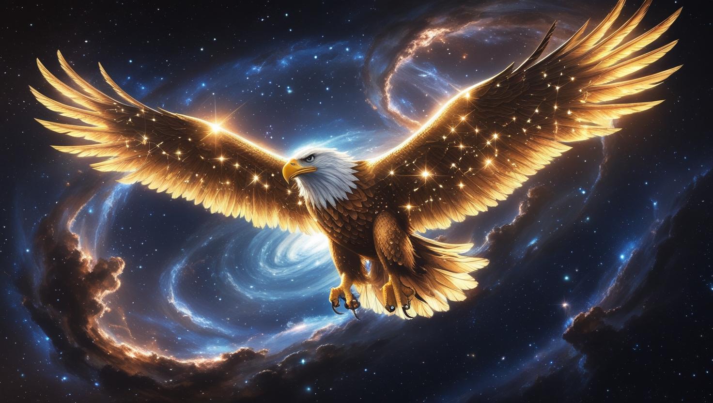 Golden eagle with wings made of stars flying through a galaxy, deep space background, celestial light, fantasy wallpaper