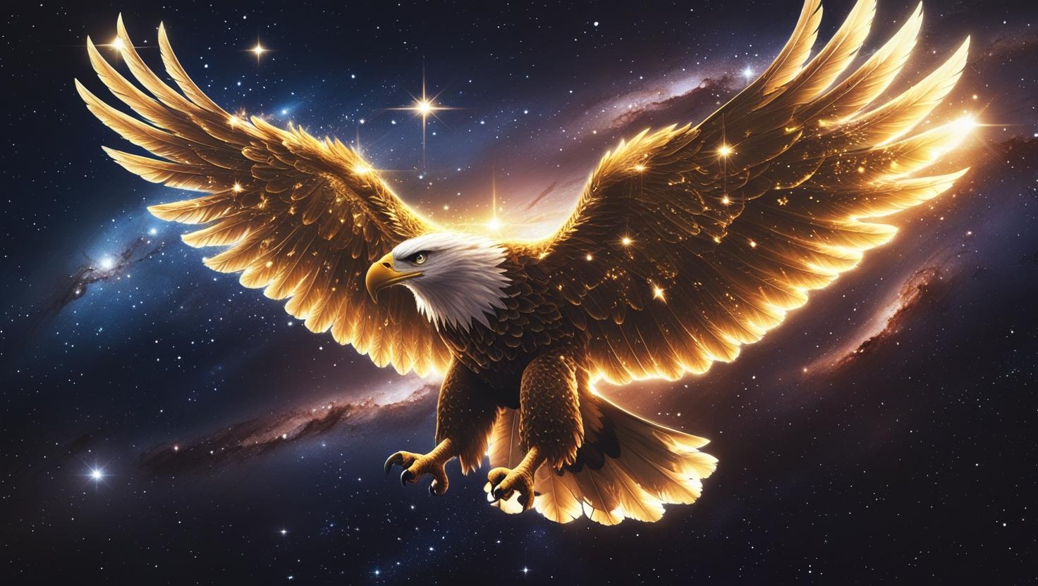 Golden eagle with wings made of stars flying through a galaxy, deep space background, celestial light, fantasy wallpaper