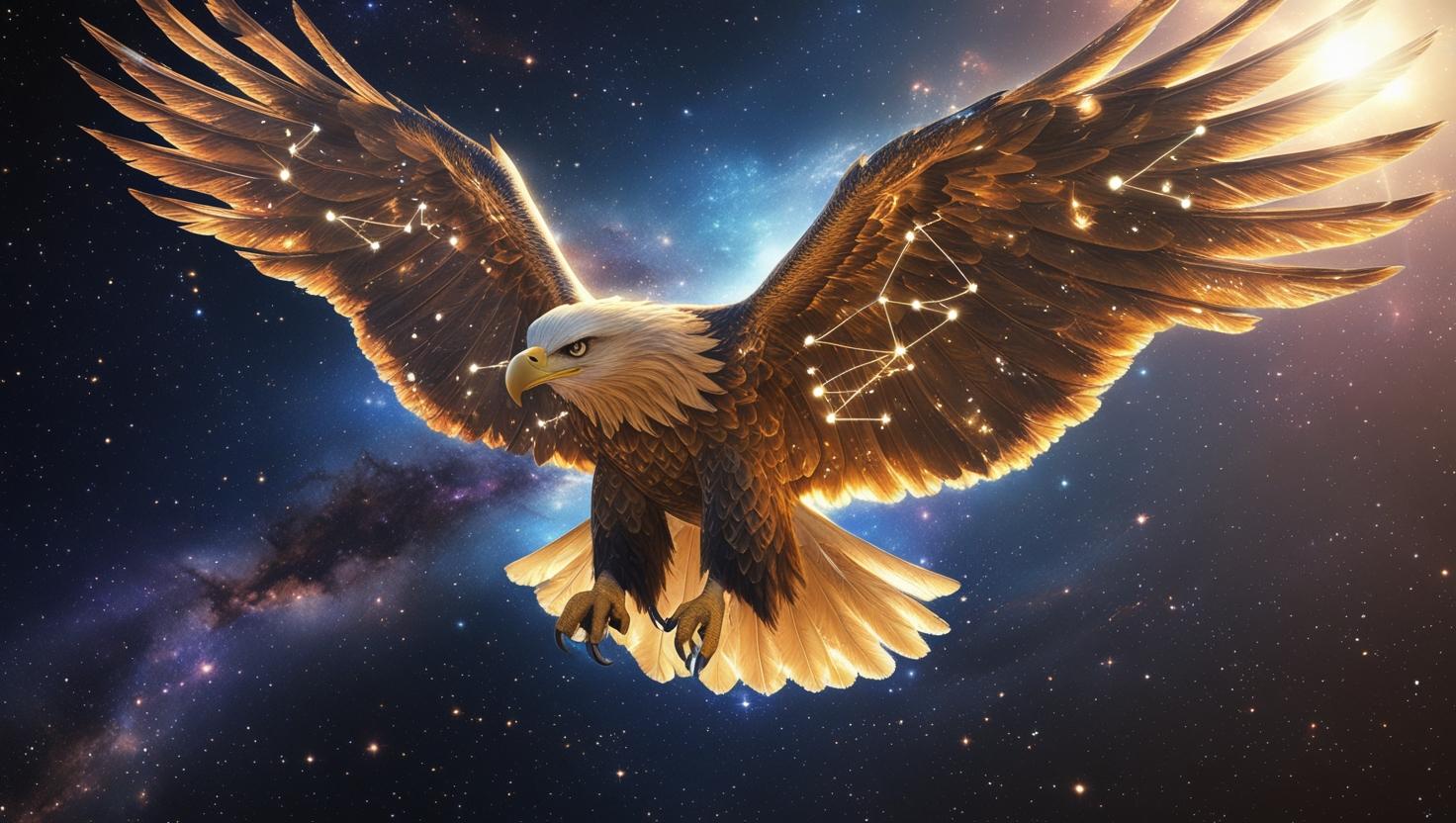 Golden eagle with wings made of stars flying through a galaxy, deep space background, celestial light, fantasy wallpaper