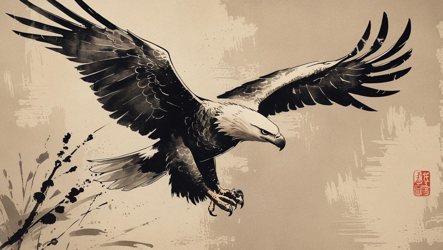 Japanese-style ink painting of an eagle diving, minimalist brushwork, soft background texture, vintage wallpaper aestheti