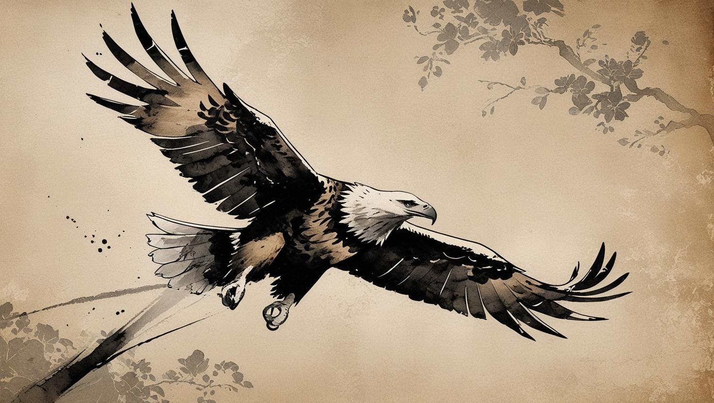 Japanese-style ink painting of an eagle diving, minimalist brushwork, soft background texture, vintage wallpaper aestheti