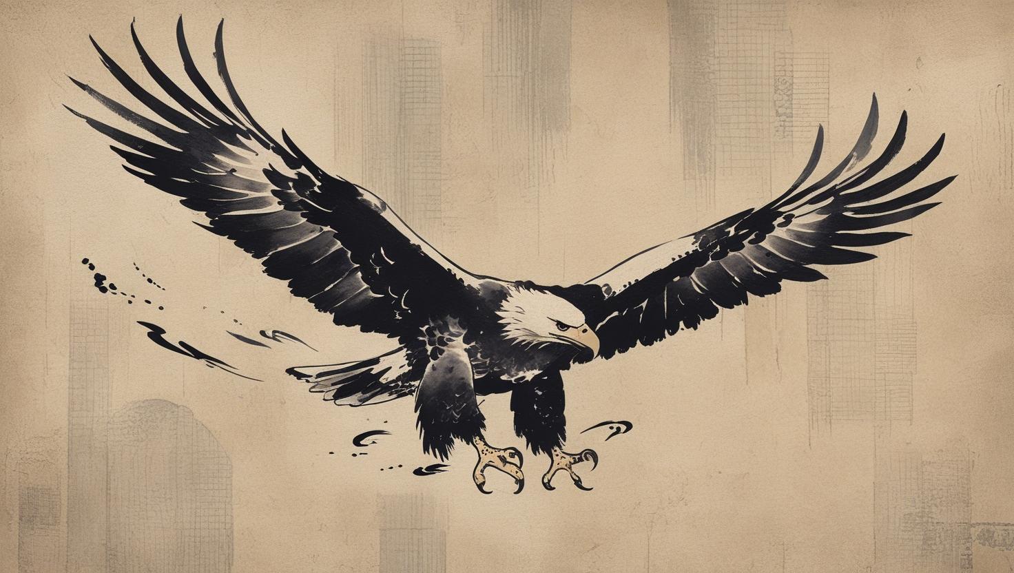 Japanese-style ink painting of an eagle diving, minimalist brushwork, soft background texture, vintage wallpaper aestheti
