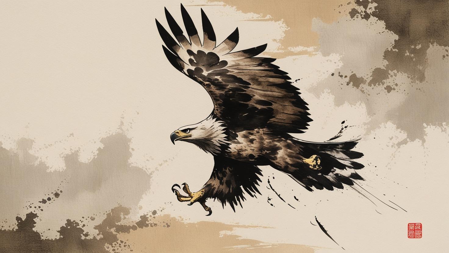 Japanese-style ink painting of an eagle diving, minimalist brushwork, soft background texture, vintage wallpaper aestheti